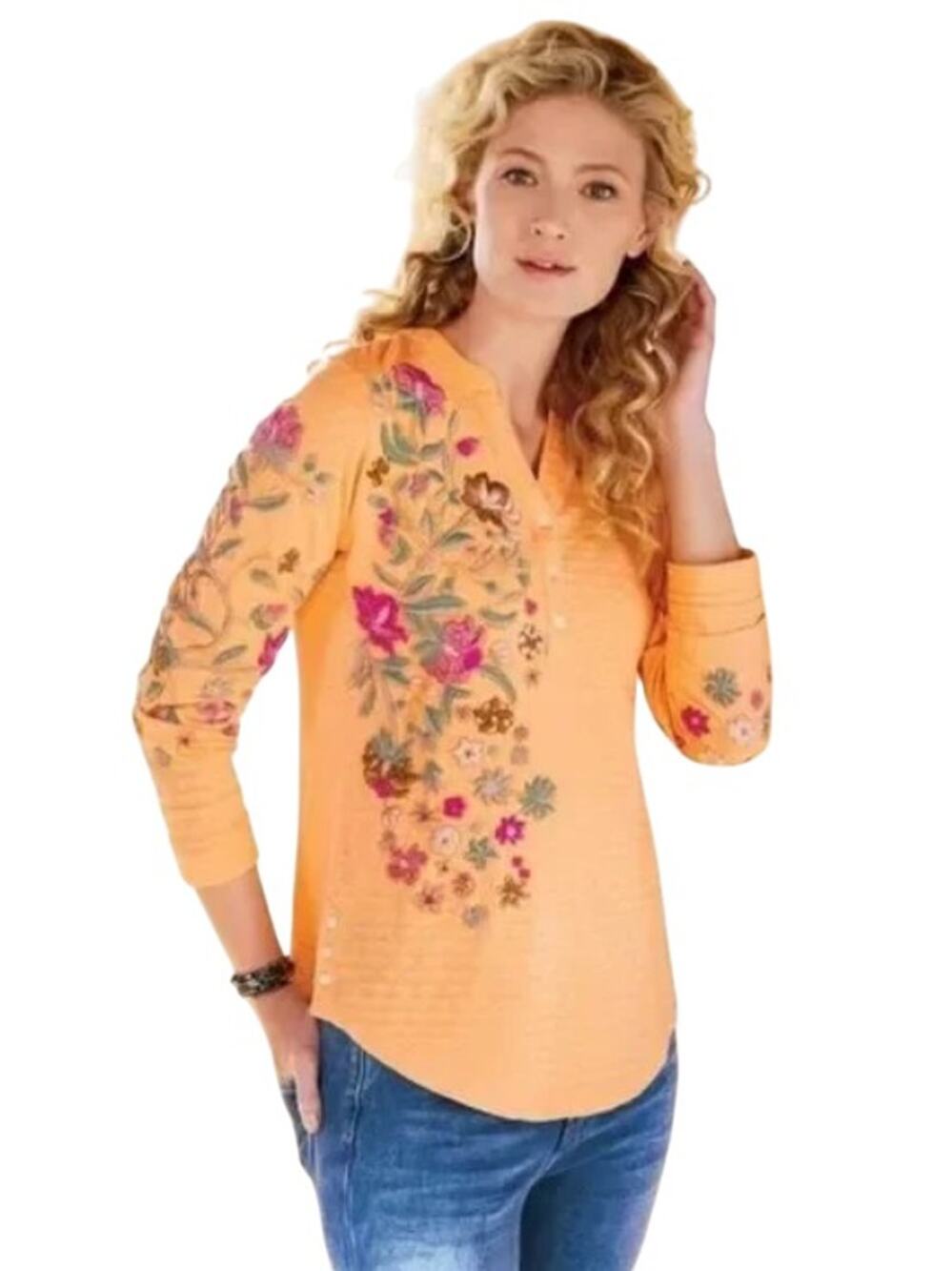 Soft Surroundings Orange Antalya Striped Floral Embroidered Henley Top